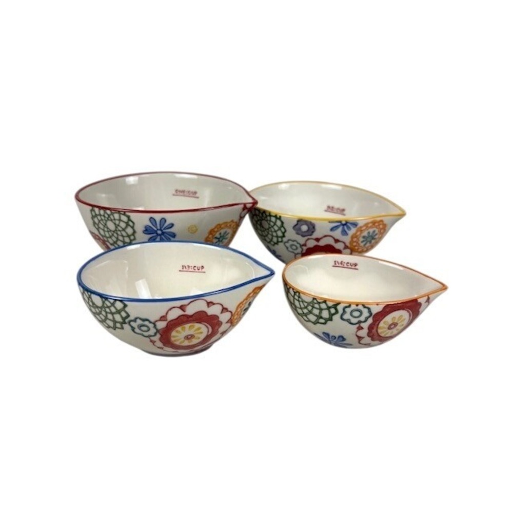 Pier 1 Imports Floral Hand Painted Stoneware Nesting Measuring‎ Cups Set of 4